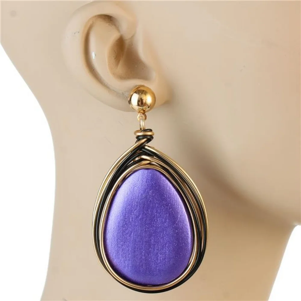 Purple Gold Oval Wire Drop Dangle Earrings 3